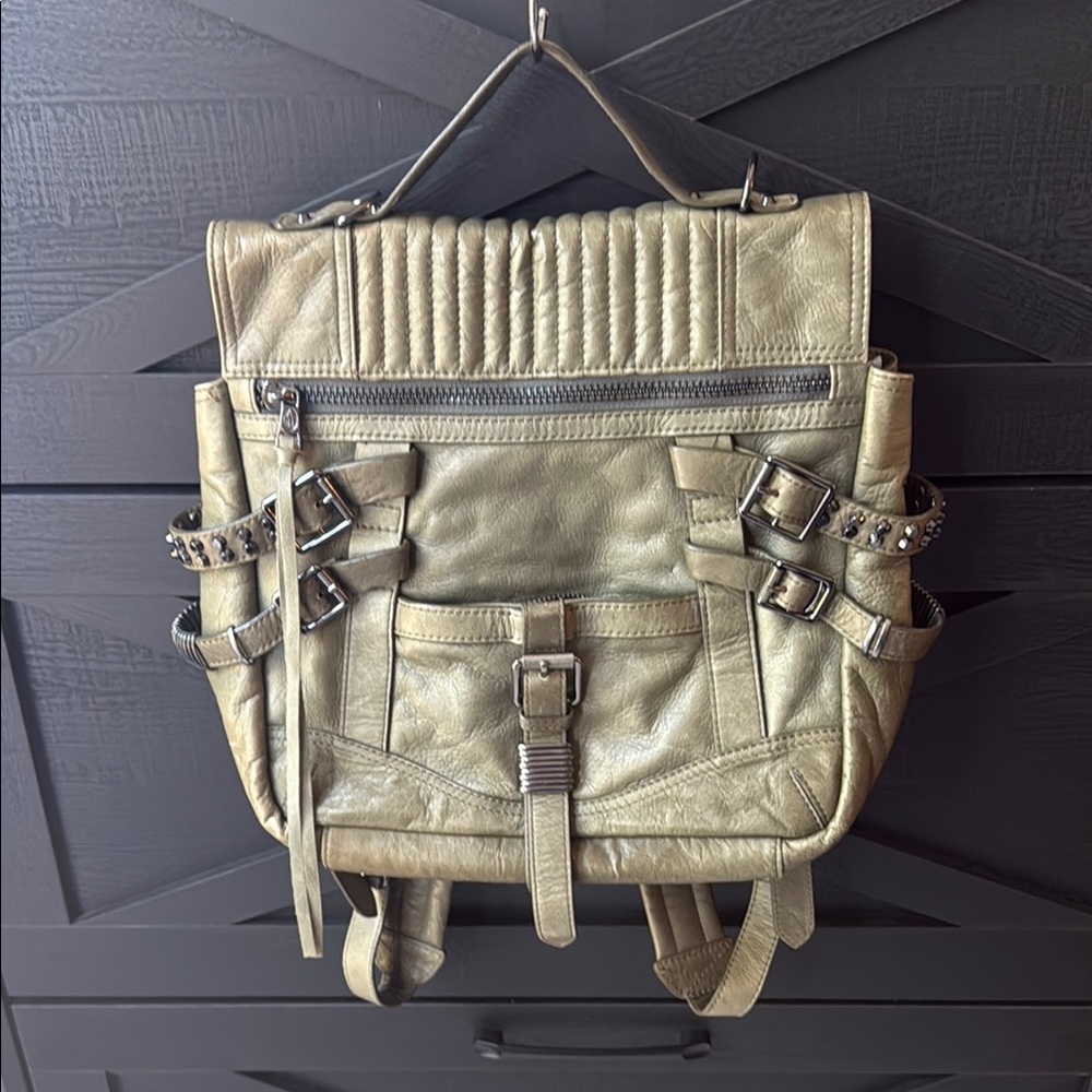 Ash Expandable Olive Green Leather Backpack with Gunmetal Hardware NWOT
